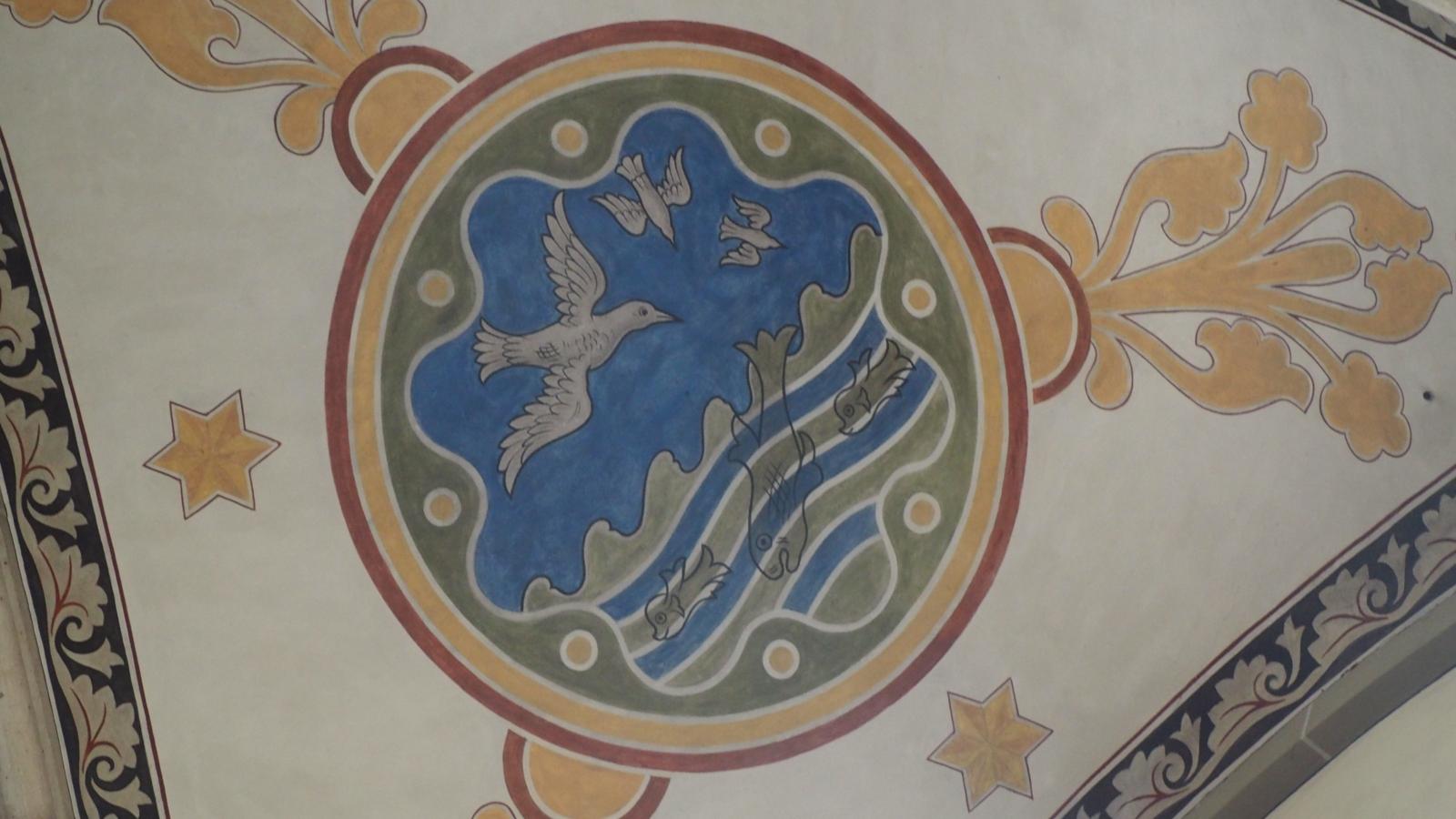 St. Elisabeth ist eine römisch-katholische Pfarrkirche in der Südstadt von Bonn. Die Kirche ist der heiligen Elisabeth von Thüringen geweiht. Sie steht als Baudenkmal unter Denkmalschutz.[1]   Hier: Segment der Deckenmalerei im Hauptschiff. Ex-Bild-DB-ID: 27098