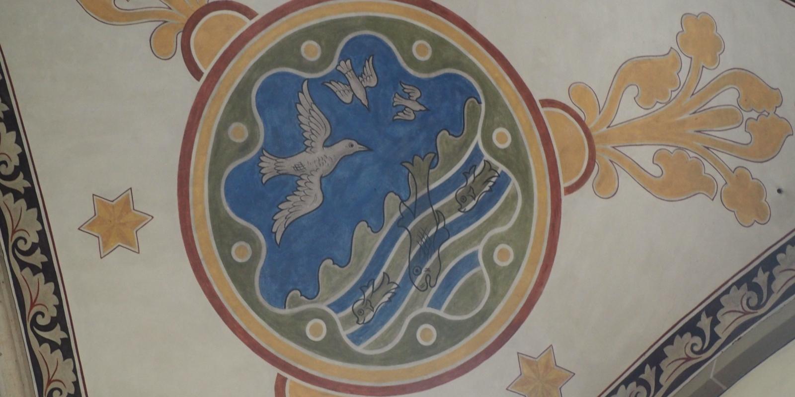 St. Elisabeth ist eine römisch-katholische Pfarrkirche in der Südstadt von Bonn. Die Kirche ist der heiligen Elisabeth von Thüringen geweiht. Sie steht als Baudenkmal unter Denkmalschutz.[1]   Hier: Segment der Deckenmalerei im Hauptschiff. Ex-Bild-DB-ID: 27098